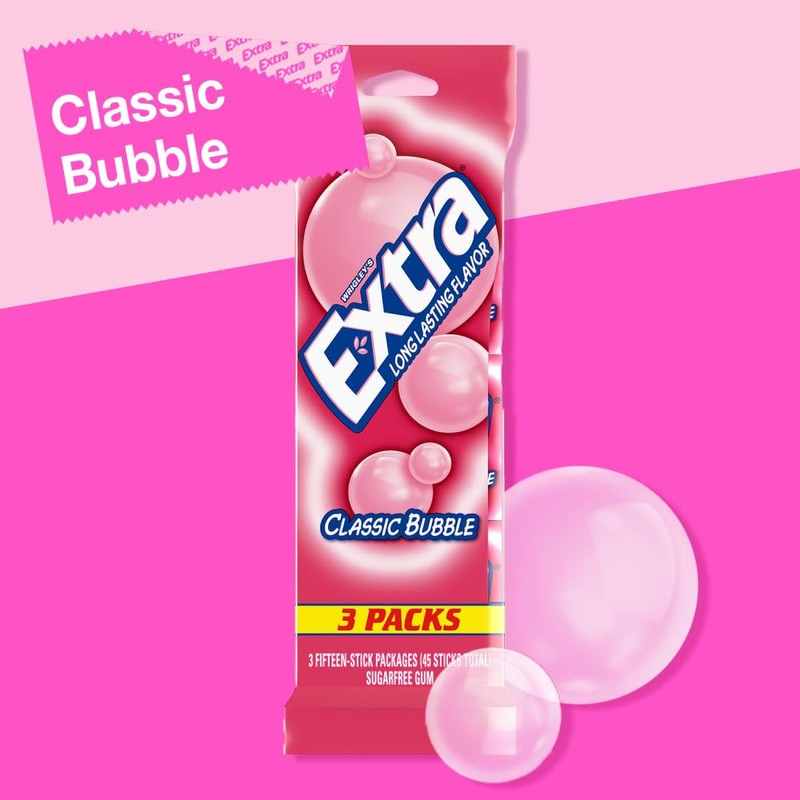 EXTRA Classic Bubble Sugar Free Chewing Gum, 15 Sticks (3