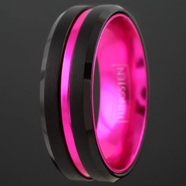 Fantabulous 6/8mm Black Tungsten Carbide Wedding Band w/Hot Pink Stripe & Hot Pink Anodized Aluminum Inner Band. (tungsten (8mm), 9)