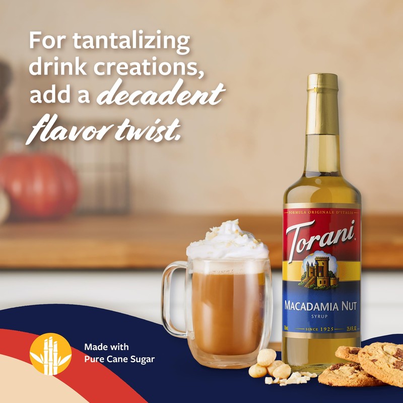 Torani Coffee Syrup, Macadamia Nut Flavoring for Drinks, Glass Bottle