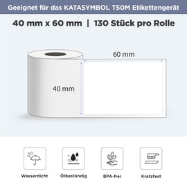 SUPVAN KATASYMBOL T50M Pro/Plus Label Tape Paper, Waterproof Labels for Home, School, Office, 40 mm x 60 mm, 130 Labels/Roll, Black on White