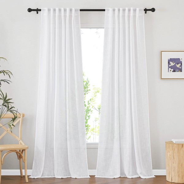 NICETOWN White Sheer Linen Curtains for Living Room, Rod Pocket & Back Tab Sweep to Floor Window Treatments Semi Sheer Drapes Privacy for Patio Door/Hall, 2 Panels, W52 x L95