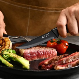 Arrtcy Steak Knives Set of 8;4.5 Inch German Stainless Steel Serrated Steak Knives with Ergonomic Anti-Slip Handles, Dishwasher Safe, Elegant Gift for Holidays (Black)
