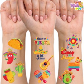 JOYIN 144 PCS Cinco De Mayo Temporary Tattoo Set for Mexican Themed Party, Fiesta Party Fake Tattoos Stickers Sombrero Hats, Taco Design, Face Body Tattoo Decorations