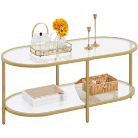 Yaheetech Gold Coffee Table, 42" Oval Glass Coffee Table for Living Room, 2-Tier Center Tea Table with Storage Shelf & Metal Frame for Small Space, Office