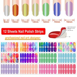 DANNEASY 12 Sheets Rainbow Nail Wraps for Women Nail Polish Strips Solid Color Self Adhesive Nail Polish Sticker Fingernail Manicure Stickers with Nail File, Cuticle Stick (Colorful Style)