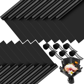 120 Sheets Flower Wrapping Paper Bouquet Pure Color Waterproof Floral Bouquet Packaging Paper with 196 Inch Ribbon Florist Bouquet Supplies for Wedding Birthday Diy, 22.8 x 22.8 Inch (Black)