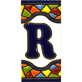 Handpainted polichrome ceramic tiles. letters and numbers handpainted using dry rope technique perfect to create signs,addresses and names. Design MOSAICO MINI 2,87"X1,38" (LETTER R)