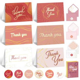 Decorably 24 Pack Gold-Foiled 6x4in Rose Gold Thank You Cards with Envelopes Rose Gold and Stickers, 6 Classy Designs Pink Thank You Cards with Envelopes, Blank Inside - Wedding, Baby Shower, Birthday