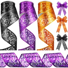 3 Rolls Purple Black Orange Glitter Mesh Wired Ribbon Halloween
