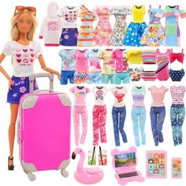 Barwa 32 Pcs Doll Travel Playset 1 Luggage 1 Backpack 5 Doll Clothes 8 Travel Accessories 12 Toiletries 2 Banknotes 1 Sunglasses for 11.5 Inch Girl Doll(Doll NOT Include)