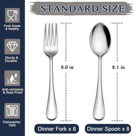 LIANYU 16-Piece Forks and Spoons Silverware Set, 8 Dinner Spoon and 8 Dinner Fork, Stainless Steel Flatware Cutlery Set for Home Kitchen Hotel, Mirror Finished, Dishwasher Safe