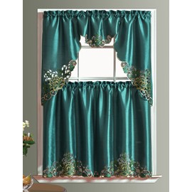 GOHD Passionate Bloom Kitchen Curtain Swag Valance and Tier Set Nice Embroidery on Faux Silk Fabric with cutworks (Teal)