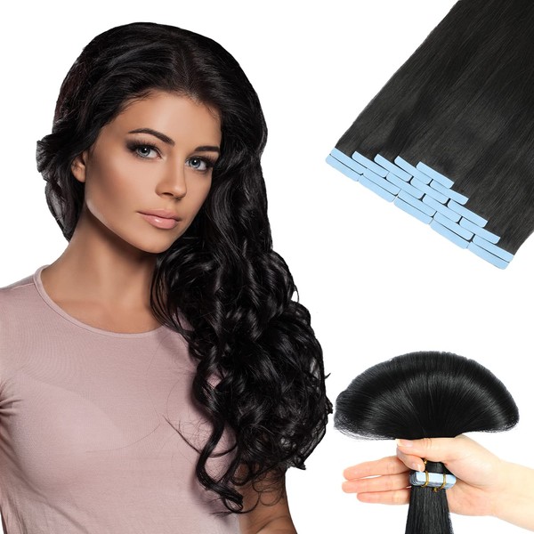 Jerriess Tape-In Real Hair Extensions, Salon Quality Tape-In Extensions, Real Hair, Silky & Full Thick Ends, 100% Hair Extensions, 20 Pieces, Black (50 g, 45.7 cm, 1)