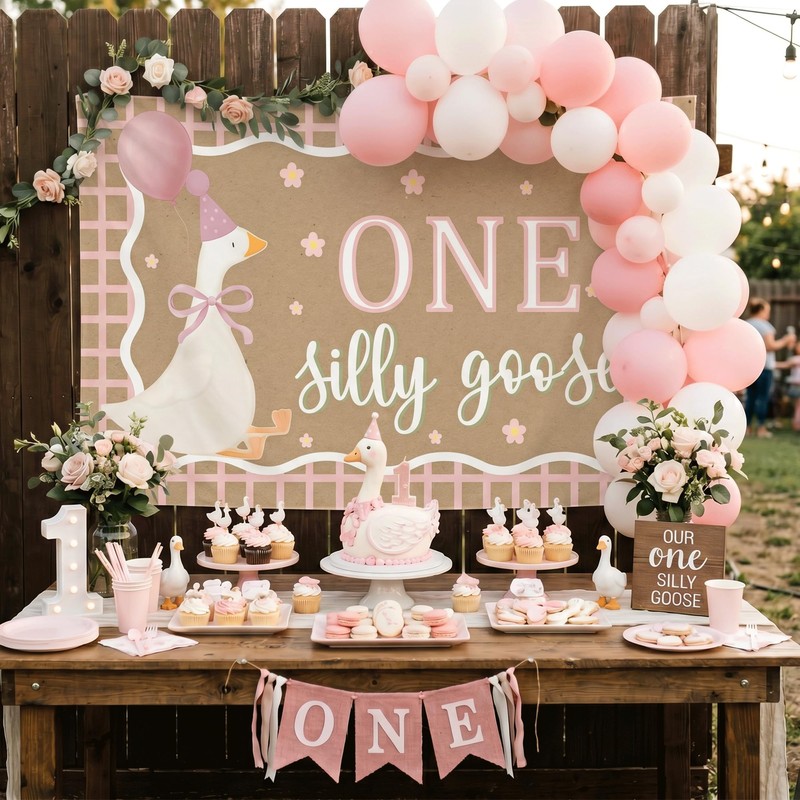 OPUHOHR Goose Pink Banner for One Silly Goose Birthday Decor