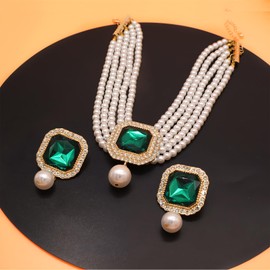 iSPECIAL Colorful Faux Pearl Jewelry Set for Women Layered Chunky Necklace, Earrings, and Bracelet Fashion Costume Pearl Jewelry Set (Emerald Green Crystal Rhinestone)