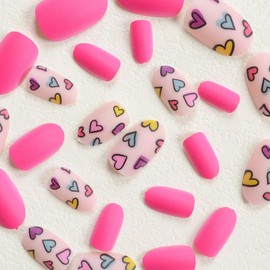 Short Press on Nails Almond Fake Nails Pink False Nails with Heart Design Glue on Nails Valentine's Day Acrylic Nails Press ons Cute Full Cover Stick on Nails for Women Manicure 24Pcs