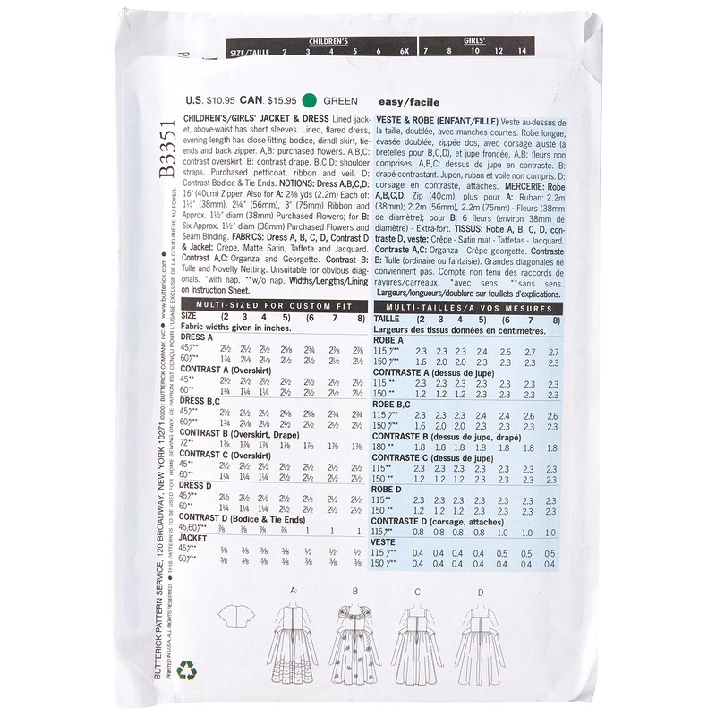 Butterick Patterns B3351 Children's/Girls' Jacket & Dress, Size 2-3-4-5