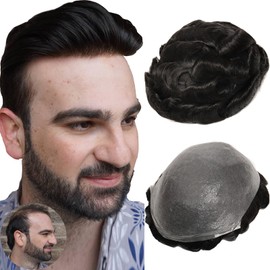 BEEOS 0.03mm Thin Skin Toupee Hair for Men, V-looped and No Knots Soft Real Human Hair Mens Hairpiece 90% Light Density, 8x10 Inch Transparent PU Base Mens Wig #1C Black