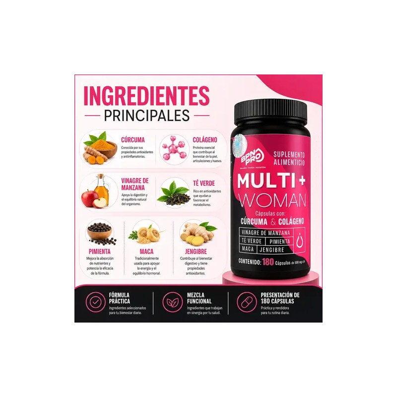 Suplemento Multi Woman Bpn Pro Cúrcuma Colágeno 180 Caps