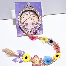 FEIFEI'S BOW Kids Girls Toddlers Blue Elsa Ponytail Hair Extension Party Hair clips Snowflake Crown Headband Hairband Costume Dress up Braided Wigs (Rapunzel crown headband(FLOWERS RANDOM))