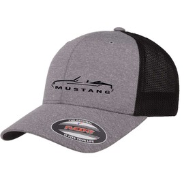 1983-86 Ford Mustang Convertible Classic Outline Design Flexfit 6511 Trucker Mesh Fitted Cap Heather/Black
