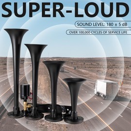 BANHAO Truck Air Horn 4 Trumpet Horns Train Horn Kit for Truck 12/24V 180 dB Super Loud Suitable for Pickup Motorhome SUV Trucks Train Boat(Parallel 4-Trumpet Black 12/24V)
