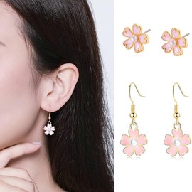 2 Pairs Small Cherry Blossoms Cartilage Stud Dangle Earrings for Women Enamel Little Flower Faux Pearl Tragus Charms Drop Earring Studs Ear Piercing Dainty Holiday Wedding Jewelry Gift for Daily Life