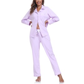 ANLIQI 100% Cotton Pajamas for Women Button Down Pajamas Long Sleeve Top & Pant Sleepwear Loungewear Pj Set with Pocket, Light Purple, Medium