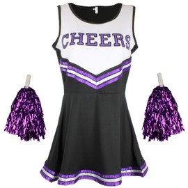 Cheerleader Fancy Dress Outfit Uniform High School Costume With Pom Poms Black And Purple Cheerleader, Large