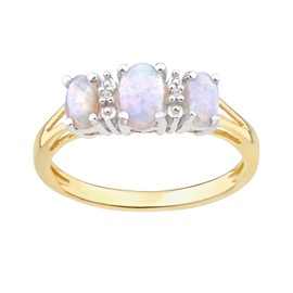 Old English Jewellers 9ct Yellow Gold on Silver Natural Opal & Diamond Trilogy 3 Stone Ring size J - V (V)
