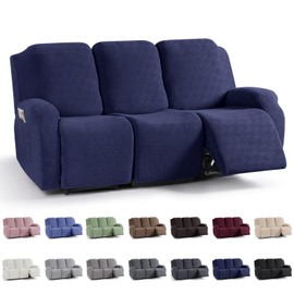 KinCam Recliner Covers, Stretch Reclining Chair Covers, Recliner Sofa Slipcovers Stripe Jacquard Recliner Couch Covers Furniture Protector Covers for Pet Kid (3 Seater, Dark Blue)
