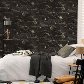 YöL Lost in Space Black Gold Wallpaper - Kids Room Toy Room Bedroom Playroom Feature Statement Wall - Washable Wet Removable - 10.05m x 53cm Roll - Spaceships Planets Astronauts - 14050