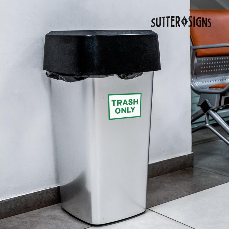 Trash Only Signs, Self Adhesive Weatherproof Vinyl Stickers, White/Green, 7"