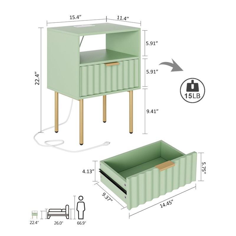 Masupu Nightstand with Charging Station,Mid-Century Modern Bedside Table with Storage