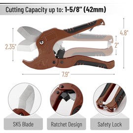 Bates- PVC Pipe Cutter, Cuts up to 1-5/8", Brown Ratcheting PVC Pipe Cutter Tool, Pipe Cutters PVC Pipe Shears, Plastic Pipe Cutter, PEX Pipe Cutter, PVC Cutter Tool, PVC Ratchet Cutter