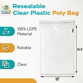 Shop4Mailers 12 x 15.5 Clear Plastic Poly Bags 1.5 Mil Self Seal Packaging for Apparel, Jewelry, Documents, Prints, Gifts, Storage – Resealable (2000 Pack)