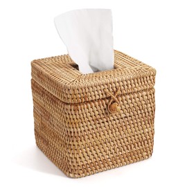 Rattan Cosmetic Tissue Box, Decorative Woven Tissue Holder, Tissue Dispenser for Bathroom/Kitchen/Office, 14.5 x 14.5 x 12.7 cm