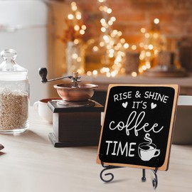 Heclia Coffee Bar Decor with Iron Stand Farmhouse Coffee Bar Sign 4"X 4" Wooden Plaque Accessories for Home Kitchen Office Ornament Countertop Decor, Rise & Shine It's CoffeeTime,1pc Black