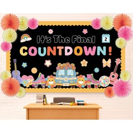 End of Year Classroom Bulletin Board Decoration Set with 3D Paper Fans It's The Final Countdown Cutouts Groovy Rainbow Retro Bulletin Board Decoration for Classroom School Home Wall Door Party Decor