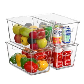 4 Pack Plastic Storage Bins with Lids, Clear Stackable Organizer with Handle, Kitchen Pantry Organizers and Storage, Perfect for Pantry, Refrigerator, Fridge, Bathroom, Cabinet, Closet, Kitchen