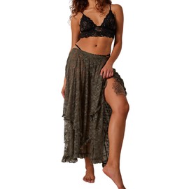 R.Vivimos Women's Summer Boho Lace Beach Cover Up Maxi Skirt Transparent Swing Ruffle Irregular Hem Long Skirts, Army Green