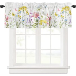 Cortinas de flores silvestres florales de primavera para ventanas de cocina, cortinas cortas botánicas de verano y cortinas con bolsillo para barra, cenefa de cortina de mariposa para sala de estar,