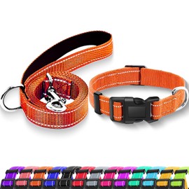 Maiiu Reflective Dog Collar with Safety Locking Buckle, Adjustable Soft Breathable Nylon Collars for Small, Medium and Large Dogs(Collar+Leash XS Width 5/8" Orange)