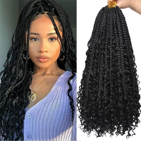 Xtrend 18 Inch 8 Packs Boho Box Braids Crochet Hair with Curly Ends 15 Strands/Pack Pre Looped Black Messy Goddess Box Braids Hair Extensions Single Synthetic Bob Goddess Locs Hair