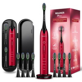 Cepillo de dientes Wagner & Stern para blanquear ultrasónico con sensor de presión. 5 modos de cepillado y 4 niveles de intensidad con control deslizante 3D, 8 cerdas Dupont, funda de viaje premium. (Borgoña)