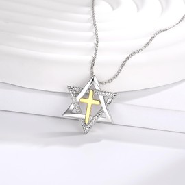 APOTIE Silver Star of David pendant with Golden Cross Necklace Mother Day Jewelry Gift for Mom Women (Gold Cross Star of David Necklace)