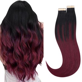 HOTBANANA 26 Inch Tape in Hair Extensions - 40pcs 120g Jet Black to Burgundy Human Remy Straight Hair