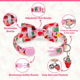 DILLYBUD Cat Collar Breakaway with Bells, Pink Cat Bowtie Collar for Girl Cats, Small Cats Collar with Bow for Spring Summer, 2 Pack Soft Fruit Kitten Collars with Removable Bowtie Collar 8-12Inch