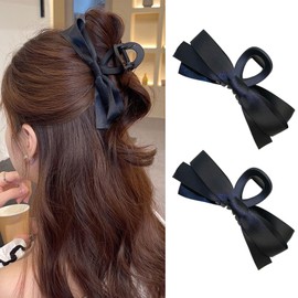 LUUFAN 2 Pack Black Bow Hair Claw Clips, Nonslip Matte Hair Barrettes Accessories for Women Girls Large Silky Satin Bow-knot Hair Styling Tools for Thin Thick Curly Hair