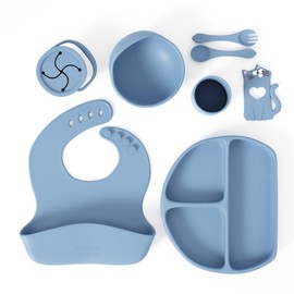 Muqee Peeko Carolina Blue Silicone Baby and Toddler Self-Eating Food Plates Set with Utensils (8 Piece Set)